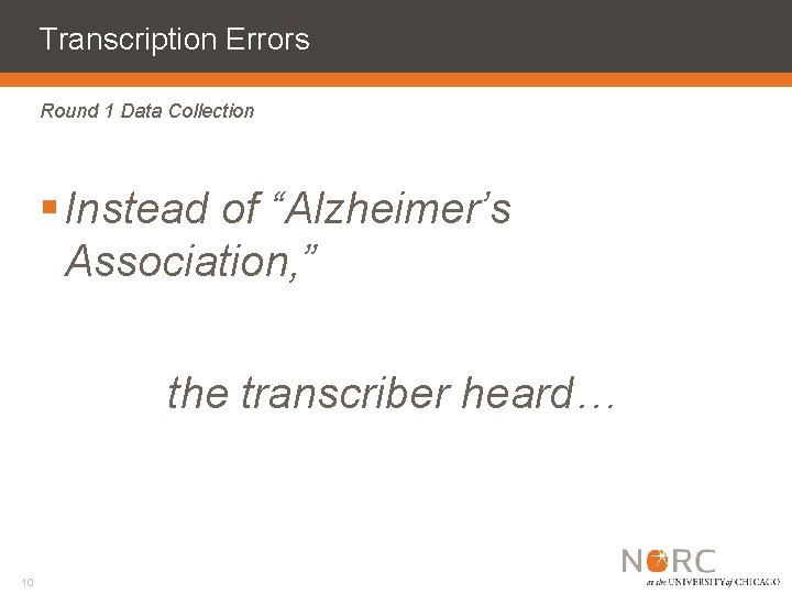 Transcription Errors Round 1 Data Collection § Instead of “Alzheimer’s Association, ” the transcriber
