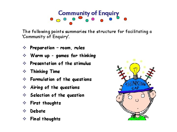 Community of Enquiry The following points summaries the structure for facilitating a ‘Community of