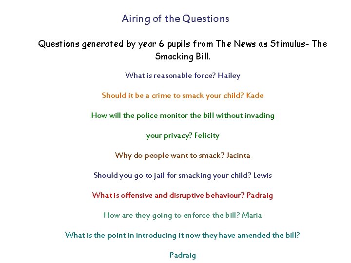 Airing of the Questions generated by year 6 pupils from The News as Stimulus-