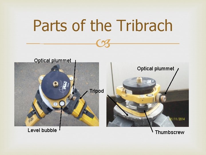 Parts of the Tribrach Optical plummet Tripod Level bubble Thumbscrew 