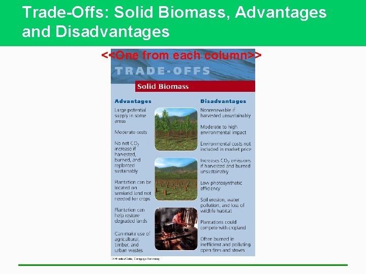 Trade-Offs: Solid Biomass, Advantages and Disadvantages <<One from each column>> 