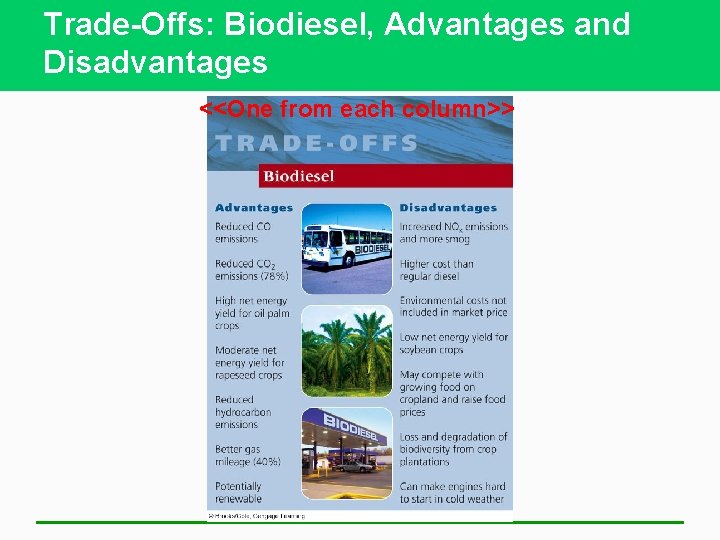 Trade-Offs: Biodiesel, Advantages and Disadvantages <<One from each column>> 