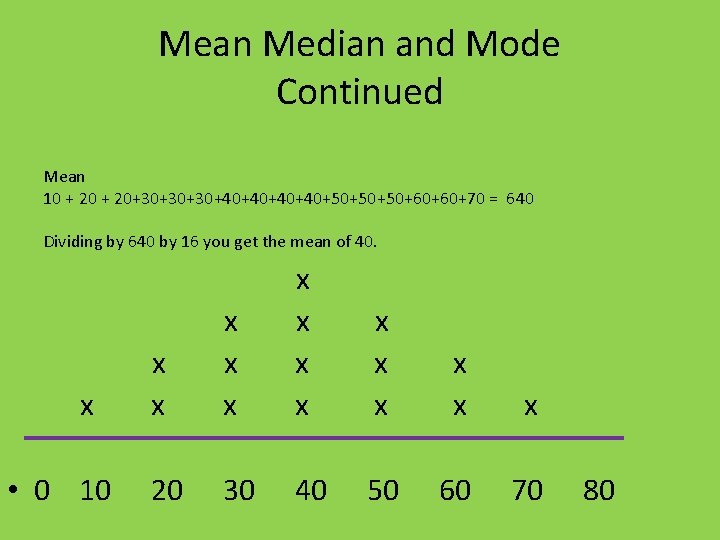Mean Median and Mode Continued Mean 10 + 20+30+30+30+40+40+50+50+50+60+60+70 = 640 Dividing by 640