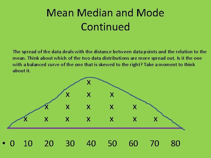 Mean Median and Mode Continued The spread of the data deals with the distance