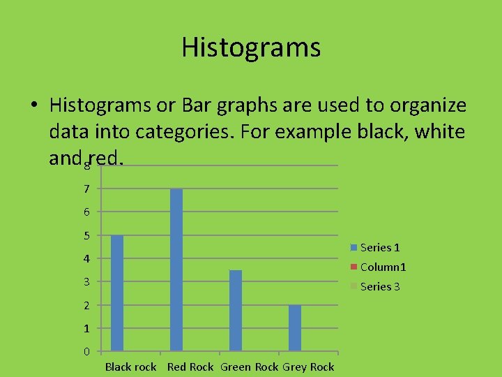 Histograms • Histograms or Bar graphs are used to organize data into categories. For