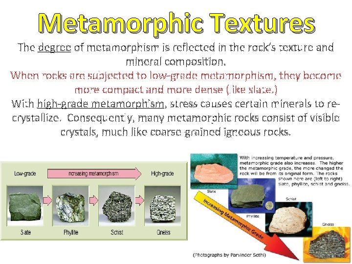 Metamorphic Textures The degree of metamorphism is reflected in the rock’s texture and mineral Metamorphic Textures The degree of metamorphism is reflected in the rock’s texture and mineral