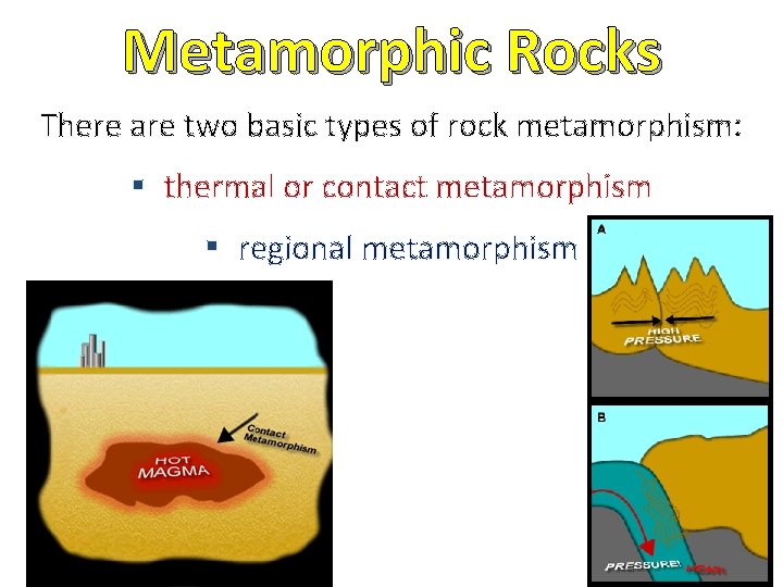 Metamorphic Rocks There are two basic types of rock metamorphism: § thermal or contact Metamorphic Rocks There are two basic types of rock metamorphism: § thermal or contact