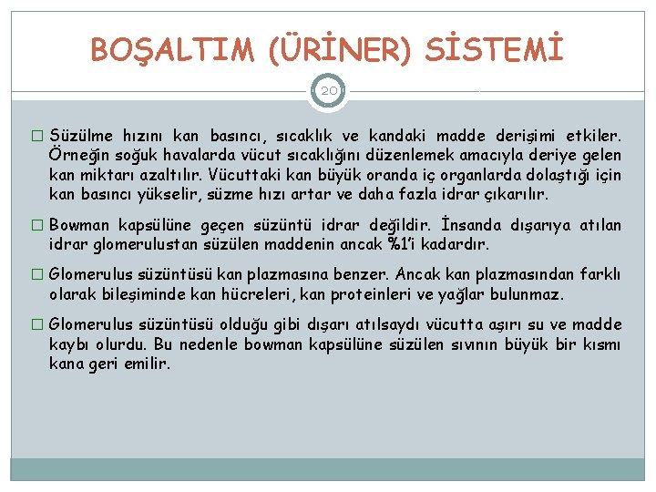 BOŞALTIM (ÜRİNER) SİSTEMİ 20 � Süzülme hızını kan basıncı, sıcaklık ve kandaki madde derişimi