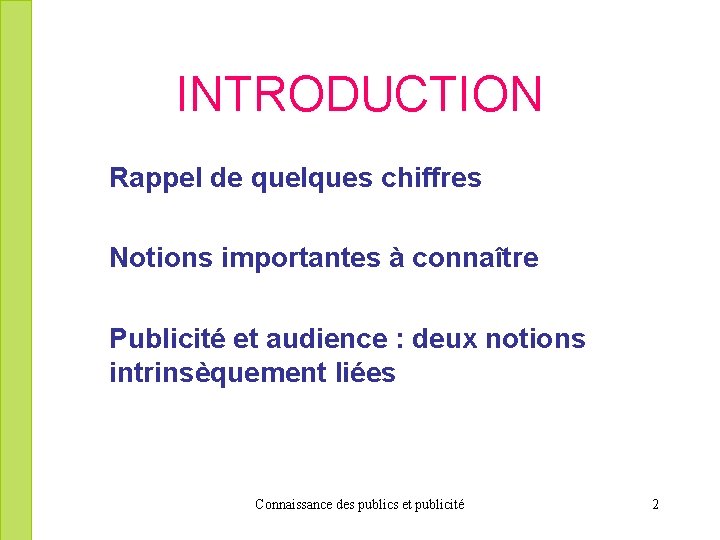 INTRODUCTION Rappel de quelques chiffres Notions importantes à connaître Publicité et audience : deux