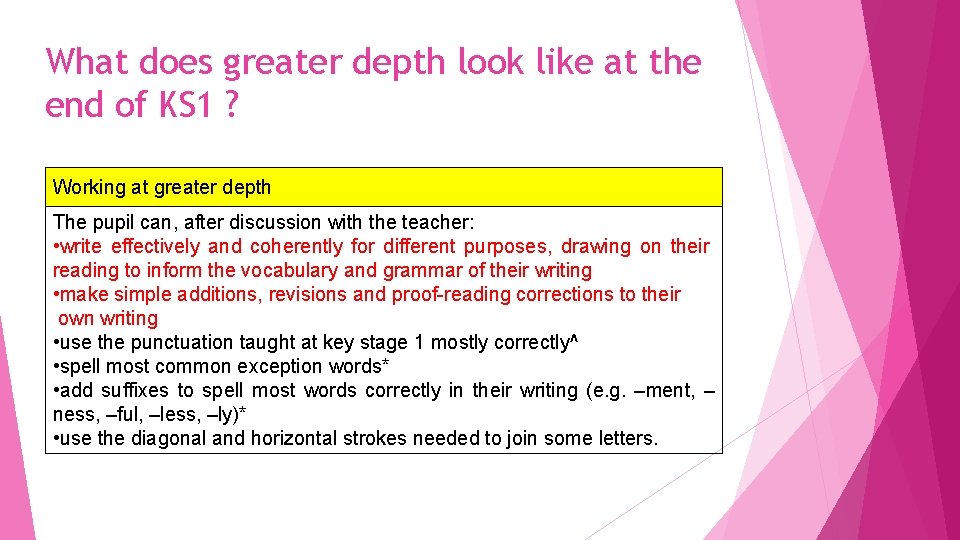 What does greater depth look like at the end of KS 1 ? Working
