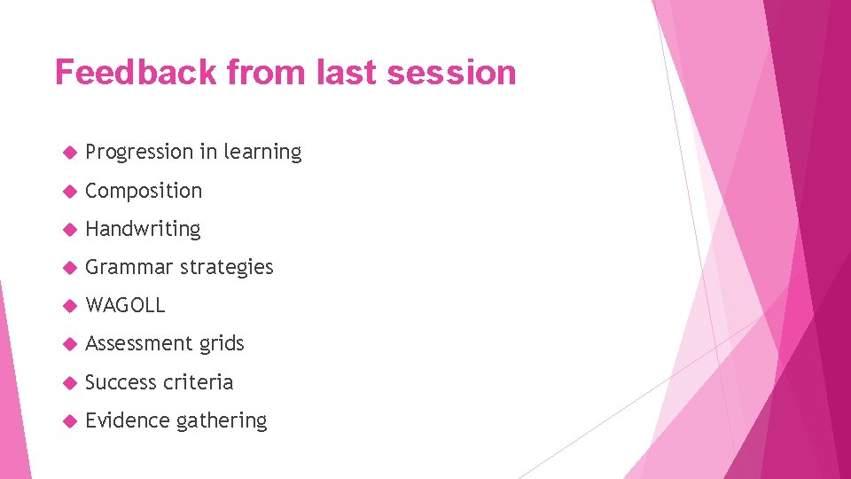 Feedback from last session Progression in learning Composition Handwriting Grammar strategies WAGOLL Assessment grids