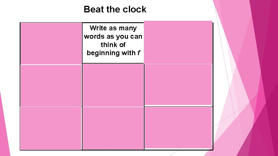 Beat the clock Write three Write as many Write a word which words as
