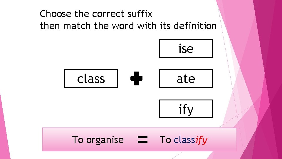 Choose the correct suffix then match the word with its definition ise class ate