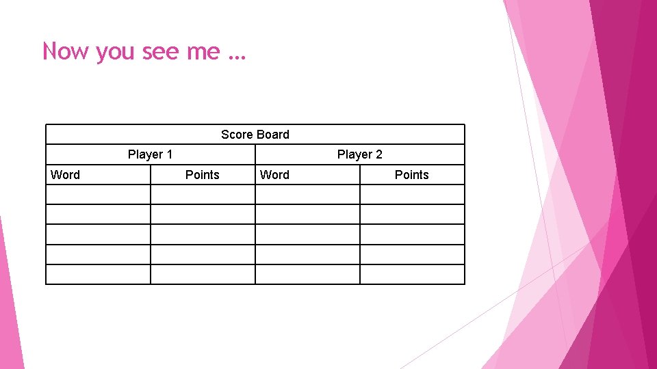 Now you see me … Score Board Player 1 Word Player 2 Points Word