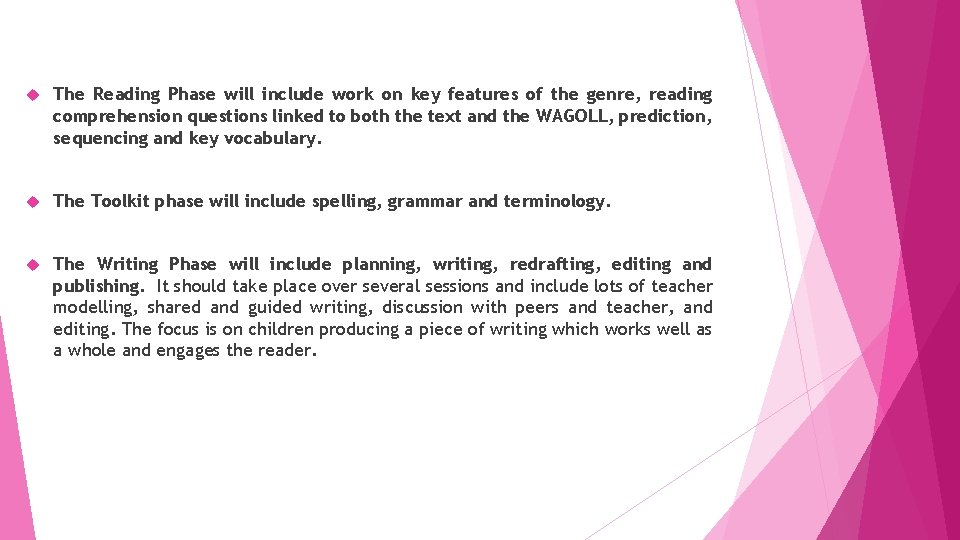  The Reading Phase will include work on key features of the genre, reading