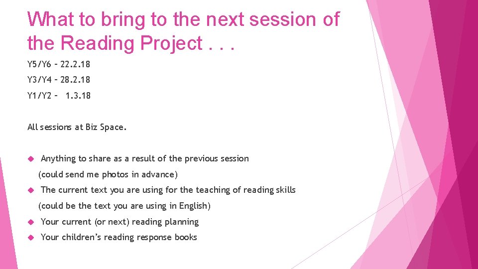 What to bring to the next session of the Reading Project. . . Y