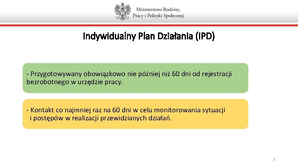 Indywidualny Plan Działania (IPD) - Przygotowywany obowiązkowo nie później niż 60 dni od rejestracji