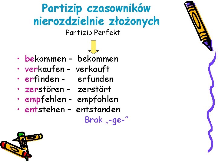 Partizip czasowników nierozdzielnie złożonych Partizip Perfekt • • • bekommen – verkaufen erfinden zerstören