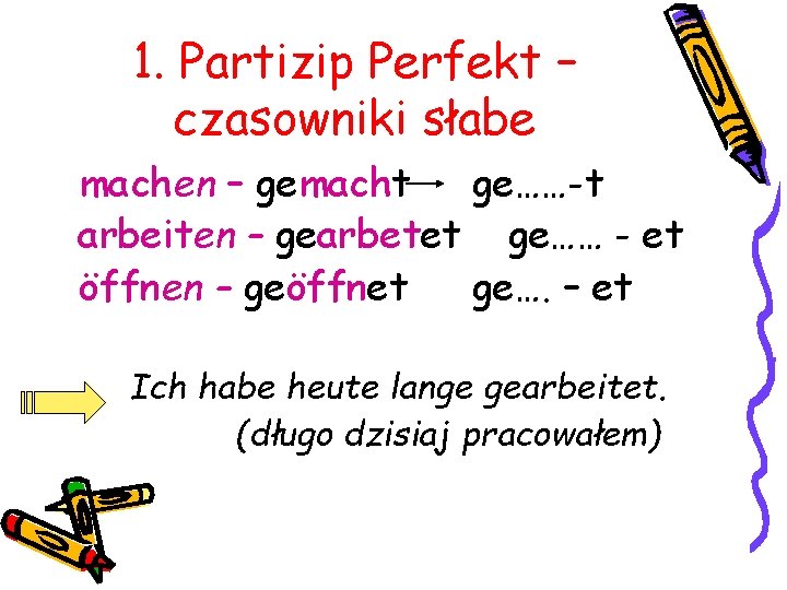 1. Partizip Perfekt – czasowniki słabe machen – gemacht ge……-t arbeiten – gearbetet ge……