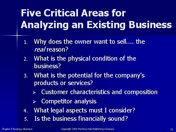 Five Critical Areas for Analyzing an Existing Business 1. 2. 3. 4. 5. Why