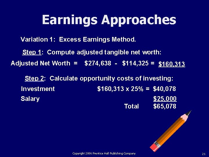 Earnings Approaches Variation 1: Excess Earnings Method. Step 1: Compute adjusted tangible net worth: