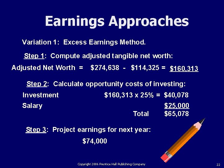 Earnings Approaches Variation 1: Excess Earnings Method. Step 1: Compute adjusted tangible net worth: