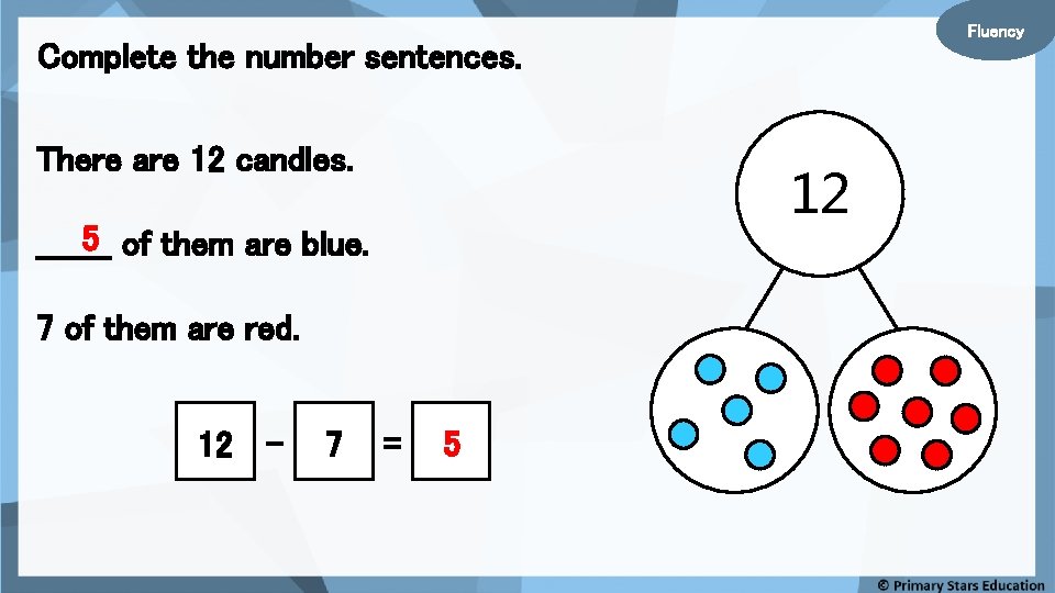 Fluency Complete the number sentences. There are 12 candles. 12 5 of them are