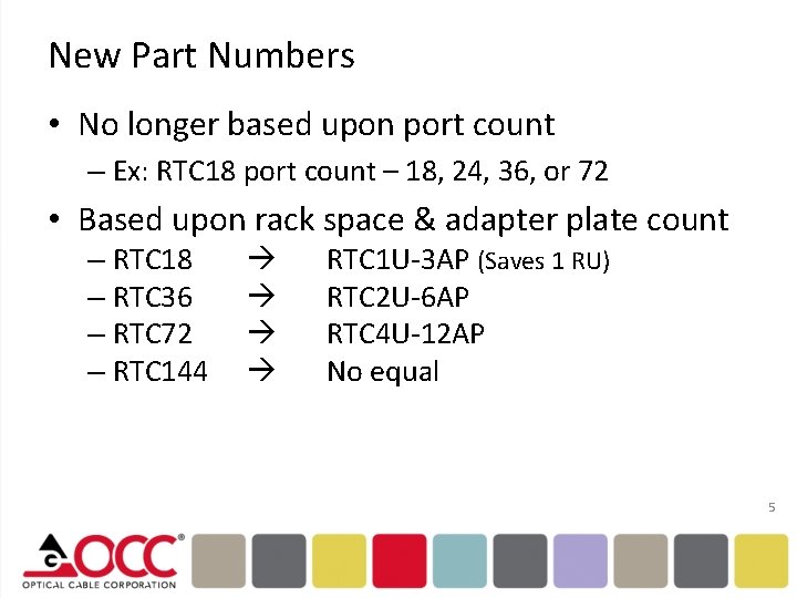 New Part Numbers • No longer based upon port count – Ex: RTC 18