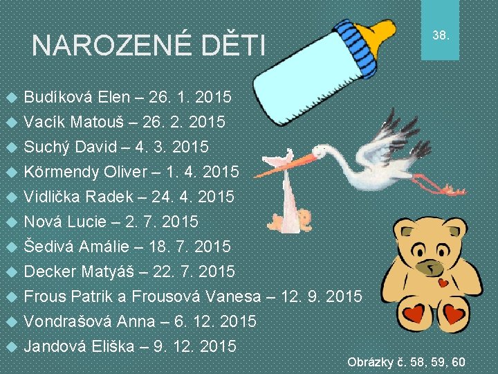 38. NAROZENÉ DĚTI Budíková Elen – 26. 1. 2015 Vacík Matouš – 26. 2.