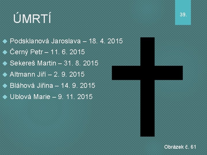 ÚMRTÍ Podsklanová Jaroslava – 18. 4. 2015 Černý Petr – 11. 6. 2015 Sekereš