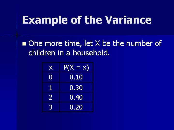 Example of the Variance n One more time, let X be the number of