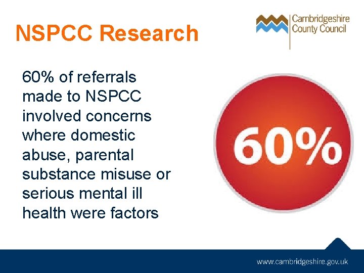 NSPCC Research 60% of referrals made to NSPCC involved concerns where domestic abuse, parental