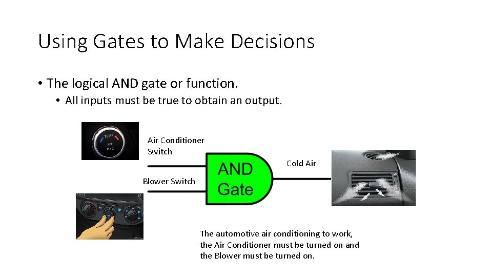 Using Gates to Make Decisions • The logical AND gate or function. • All