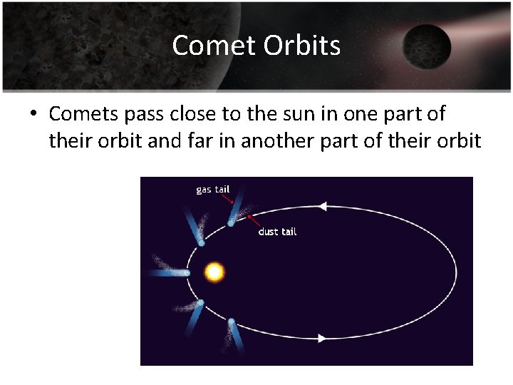 Comet Orbits • Comets pass close to the sun in one part of their