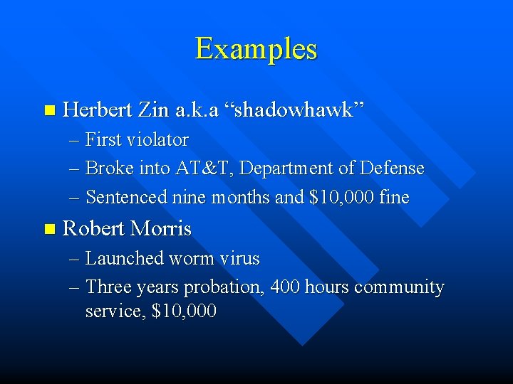 Examples n Herbert Zin a. k. a “shadowhawk” – First violator – Broke into