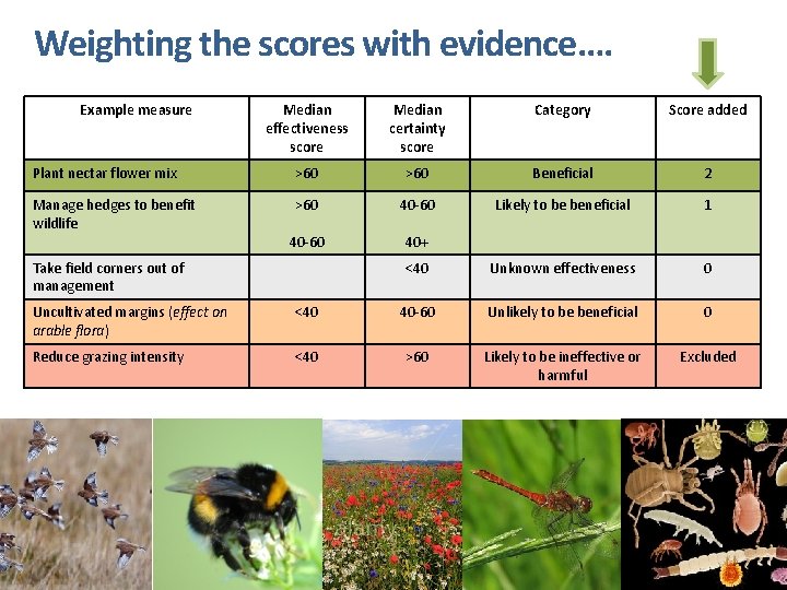 Weighting the scores with evidence…. Example measure Median effectiveness score Median certainty score Category
