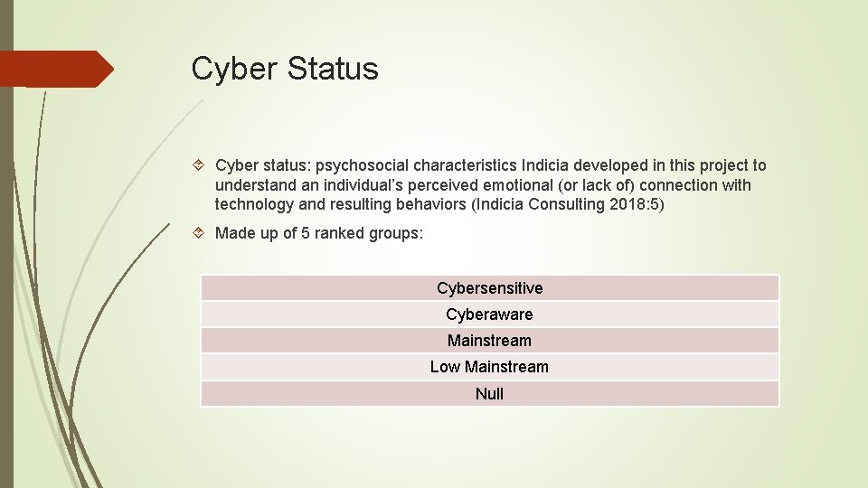 Cyber Status Cyber status: psychosocial characteristics Indicia developed in this project to understand an
