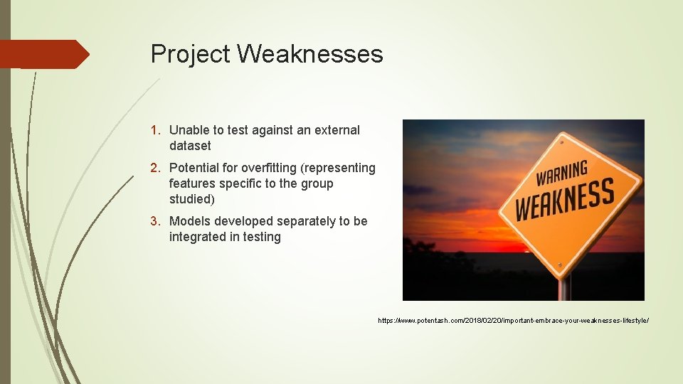 Project Weaknesses 1. Unable to test against an external dataset 2. Potential for overfitting