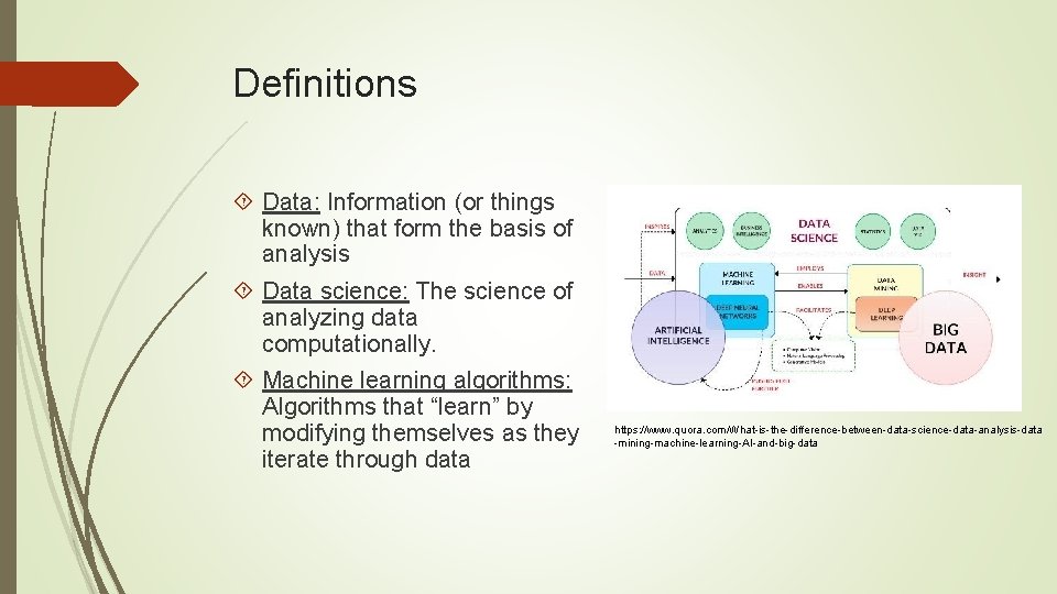 Definitions Data: Information (or things known) that form the basis of analysis Data science: