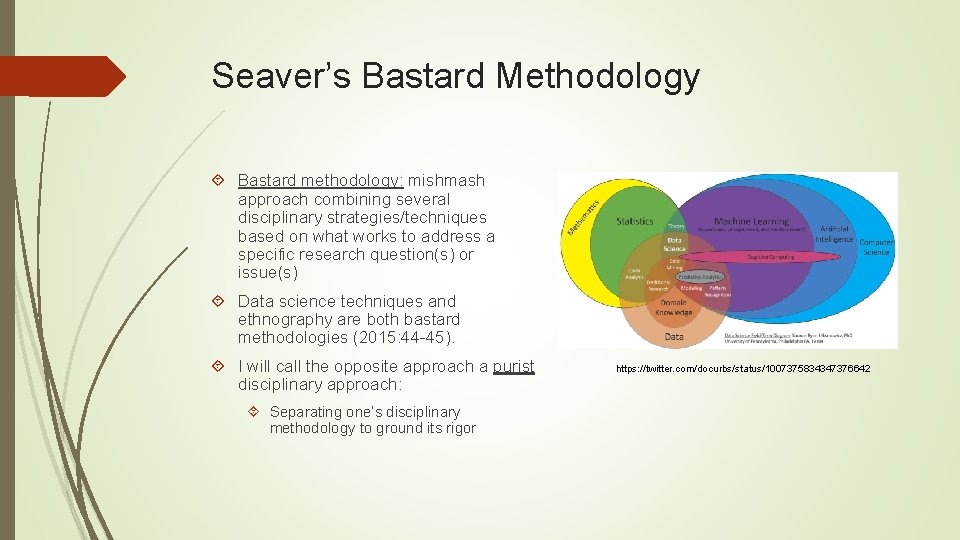 Seaver’s Bastard Methodology Bastard methodology: mishmash approach combining several disciplinary strategies/techniques based on what
