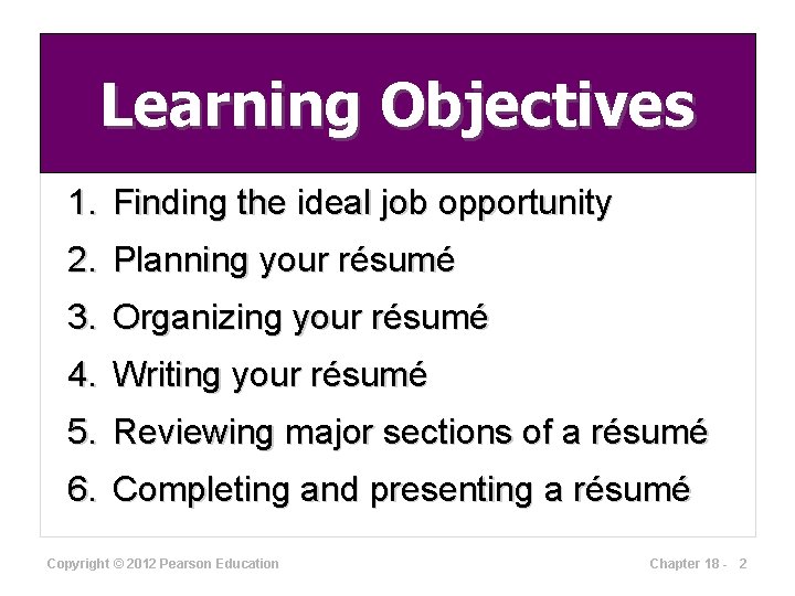 Learning Objectives 1. Finding the ideal job opportunity 2. Planning your résumé 3. Organizing