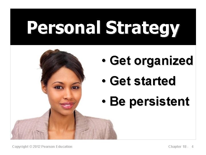 Personal Strategy • Get organized • Get started • Be persistent Copyright © 2012