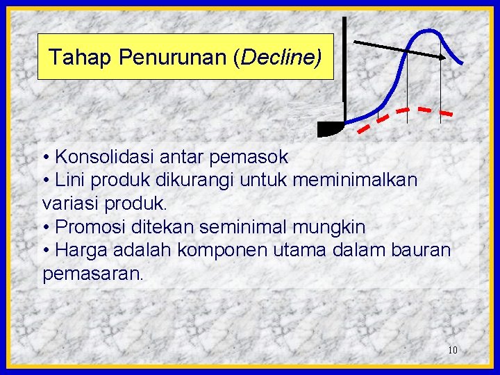 Tahap Penurunan (Decline) • Konsolidasi antar pemasok • Lini produk dikurangi untuk meminimalkan variasi