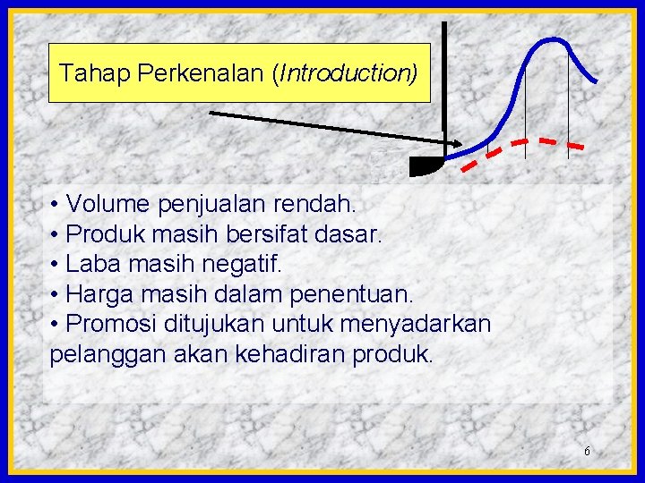 Tahap Perkenalan (Introduction) • Volume penjualan rendah. • Produk masih bersifat dasar. • Laba