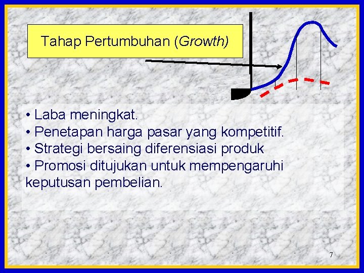 Tahap Pertumbuhan (Growth) • Laba meningkat. • Penetapan harga pasar yang kompetitif. • Strategi