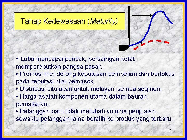 Tahap Kedewasaan (Maturity) • Laba mencapai puncak, persaingan ketat memperebutkan pangsa pasar. • Promosi