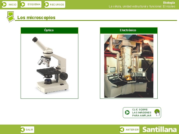 INICIO ESQUEMA RECURSOS Biología La célula, unidad estructural y funcional. El núcleo Los microscopios