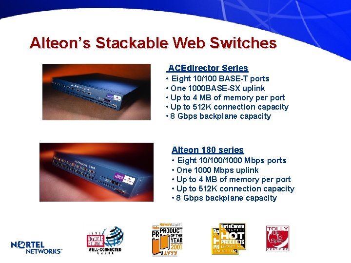 Alteon’s Stackable Web Switches ACEdirector Series • Eight 10/100 BASE-T ports • One 1000