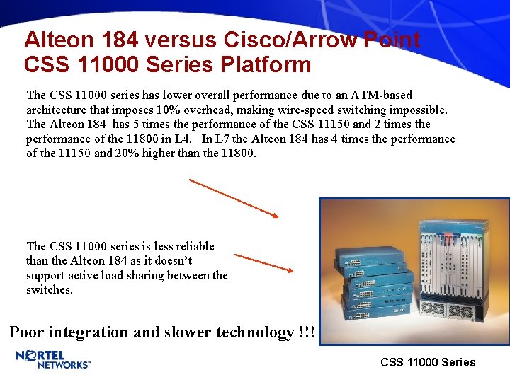 Alteon 184 versus Cisco/Arrow Point CSS 11000 Series Platform The CSS 11000 series has