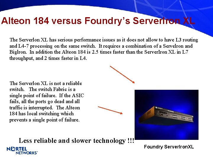 Alteon 184 versus Foundry’s Server. Iron XL The Serverlon XL has serious performance issues